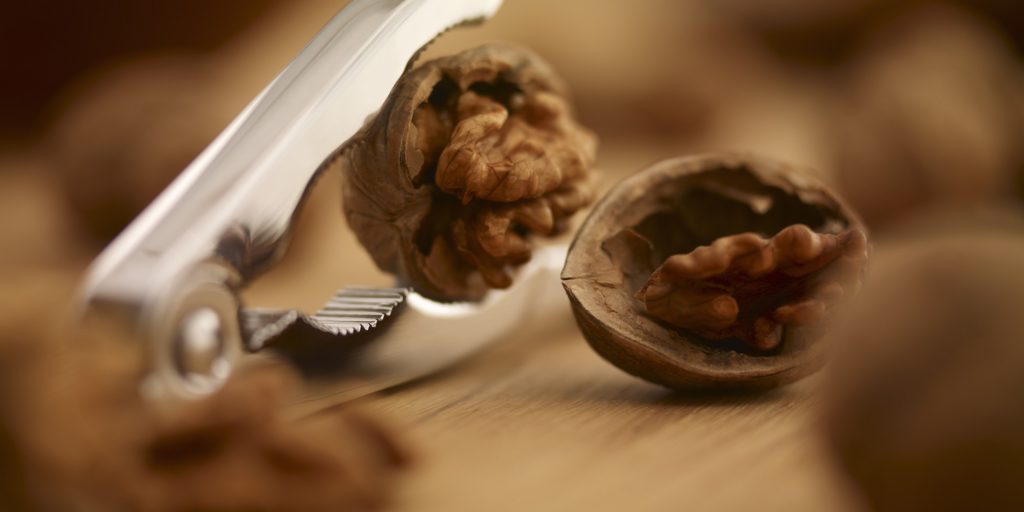 Close up of walnuts being cracked
