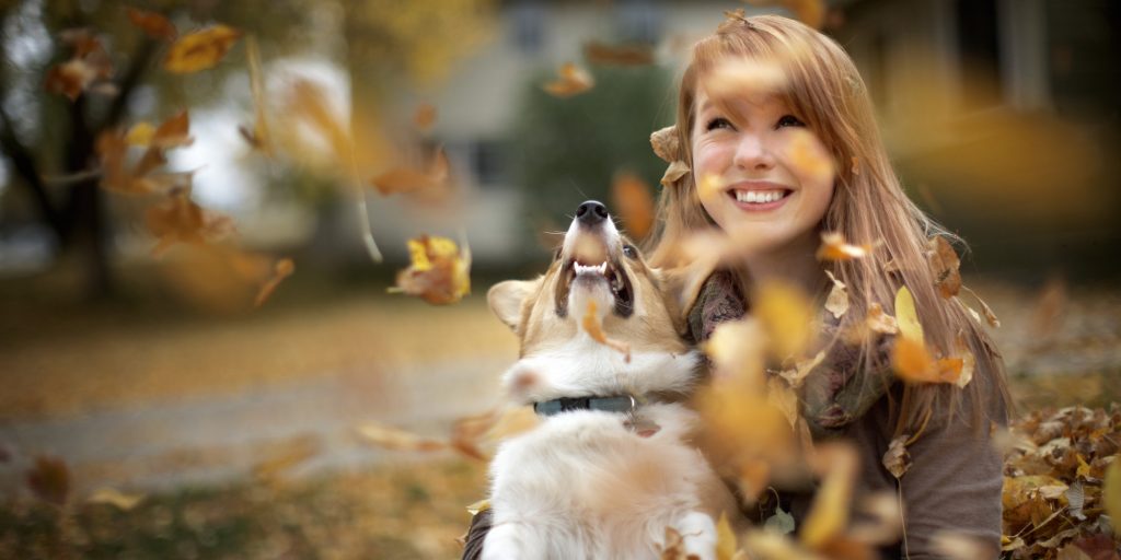 Young Woman Playing In Leaves With Her Dog